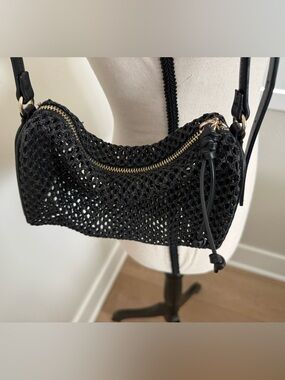 Black Woven Crossbody Bag with Gold Zip